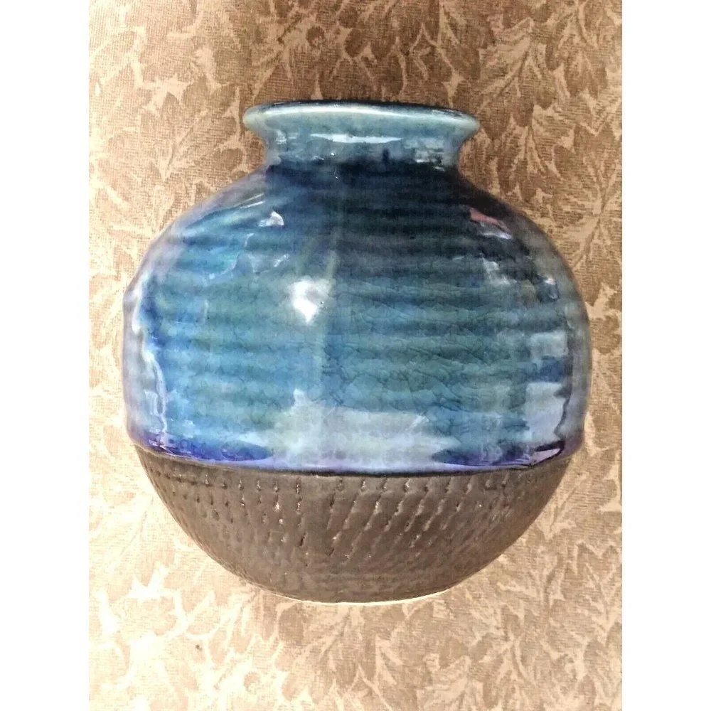 Vietnamese Vase ceramic handcrafted crackle glaze blue brown embossed flower VTG
